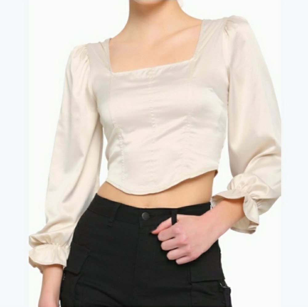 HOT TOPIC Cream Satin Corset Crop Long-Sleeve Top Size XL.NWT!